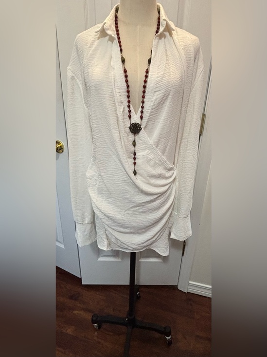 Micas Dresses & Skirts - Women's White Draped Mini Shirt Dress with Surplice Neckline